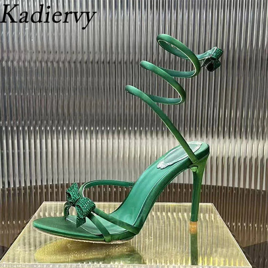 Summer High Heels Sandals Woman Butterfly-knot Rhinestone Snake Twine Around Ankle Strap Wedding Shoes Thin Heels Sandals Women