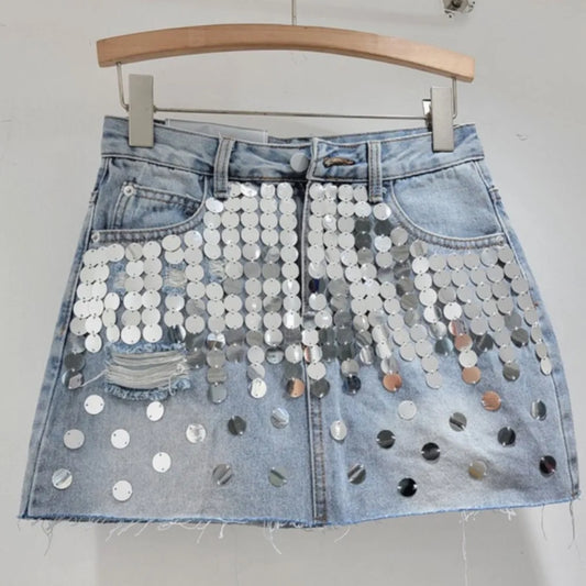 Summer new high waisted A-line sequins raw edges denim skirt for women