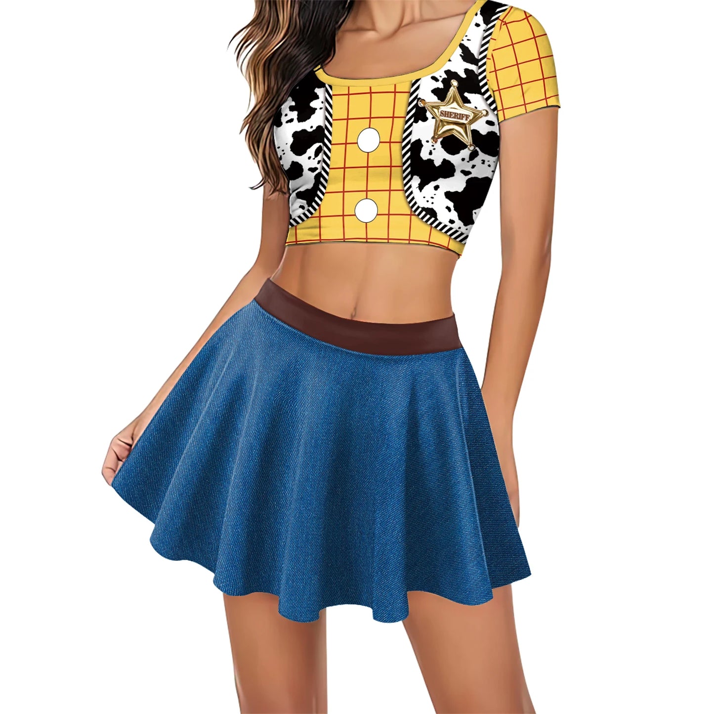 Nadanbao Jessie Halloween Cosplay Skirt for Women 3D Patchwork Printing Crop Top Blue Short Skirt Fashion Cheerleaders Clothing