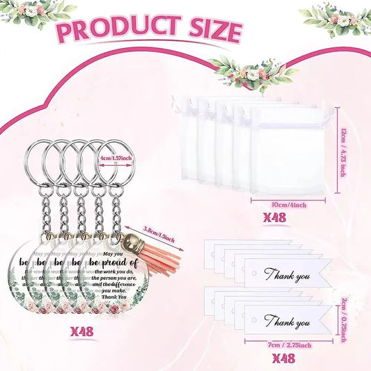 48set Thank You Gift Inspirational Keychains Acrylic Keychain with Tassels Organza Bags for Teacher Birthday Graduation Gift