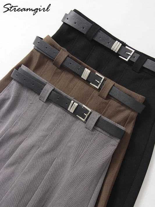 Gray Midi Pleated Skirts For Women Autumn 2024 High Waist A Line Maxi Zipper Skirts For Office Lady Long Skirt Woman Black