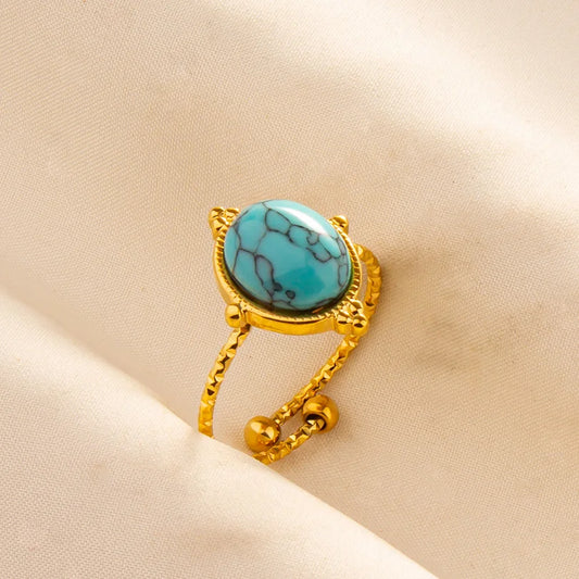 Classic Retro Turquoise Finger Jewelry Stainless Steel Rings For Women Men Accessories Open Adjustable 18k Real Gold Plated Ring