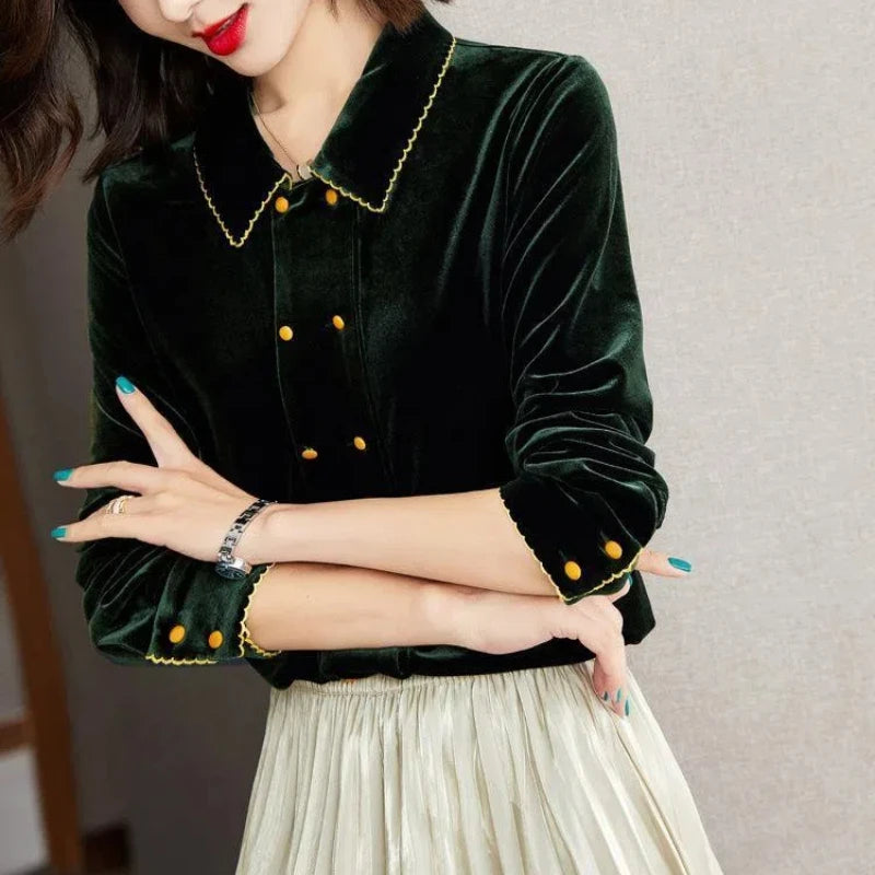 French Style Fashion Elegant Sping Velvet Shirts Women Solid Polo-Neck Single Breasted Temperament Chic Loose Long Sleeve Tops
