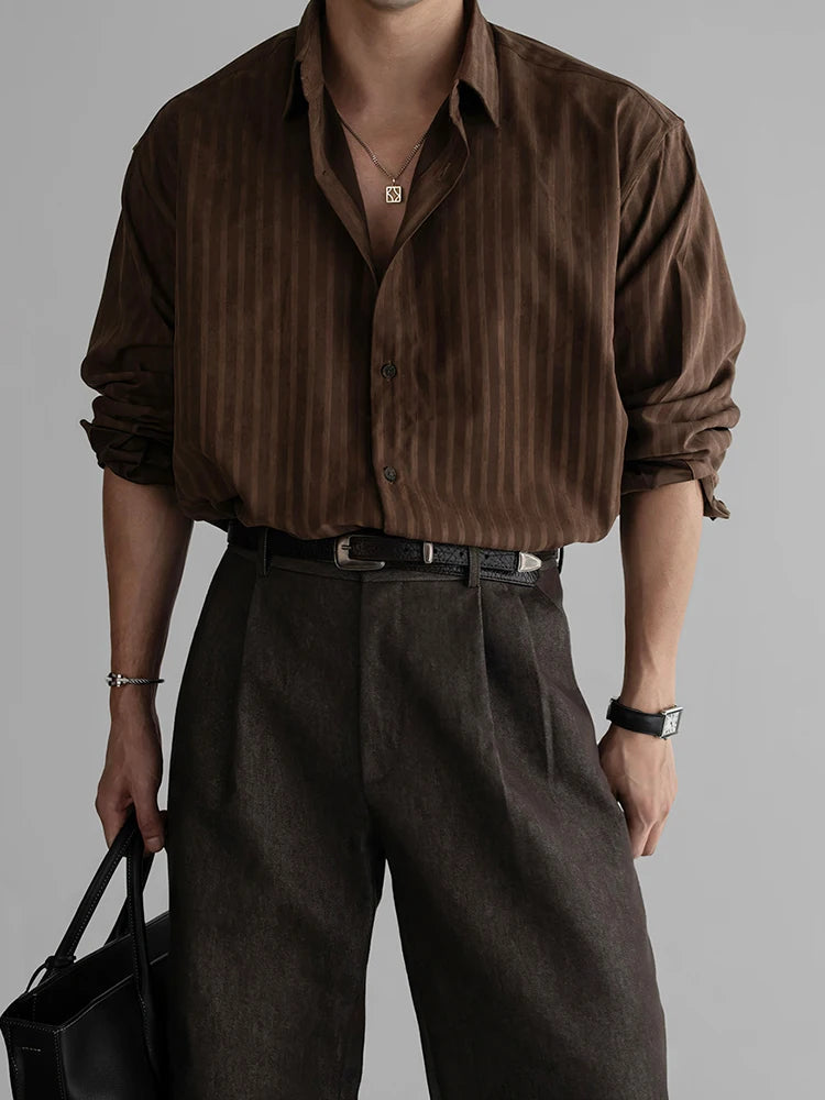 Vintage Striped Textured Shirts Men's Spring Autumn Outdoor Casual Button-up Shirt Long Sleeve Mens Fashionable Lapel Cardigans