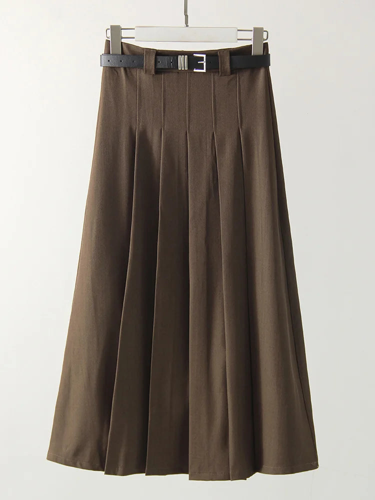 Gray Midi Pleated Skirts For Women Autumn 2024 High Waist A Line Maxi Zipper Skirts For Office Lady Long Skirt Woman Black