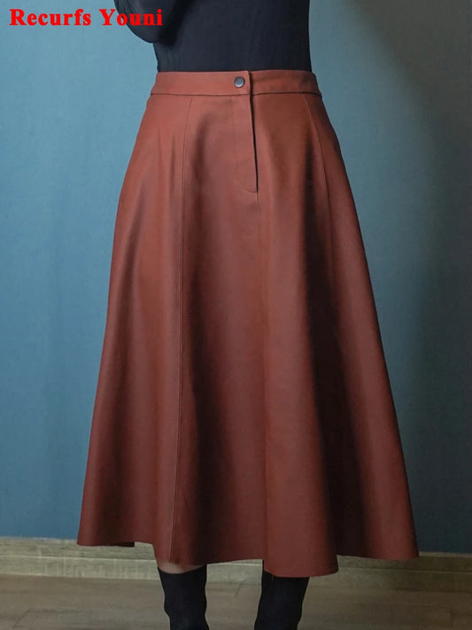 Women Caramel Genuine Leather Skirt 2025 Winter Female Natural Skin A-line Simple Big Hem Pleated Long Faldas Apricot Ropa Mujer