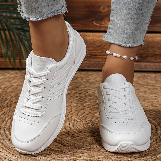 Women's Lightweight Casual Sneakers White PU Leather Comfort Sports Shoes for Women Lace Up Breathable Running Shoes Plus Size