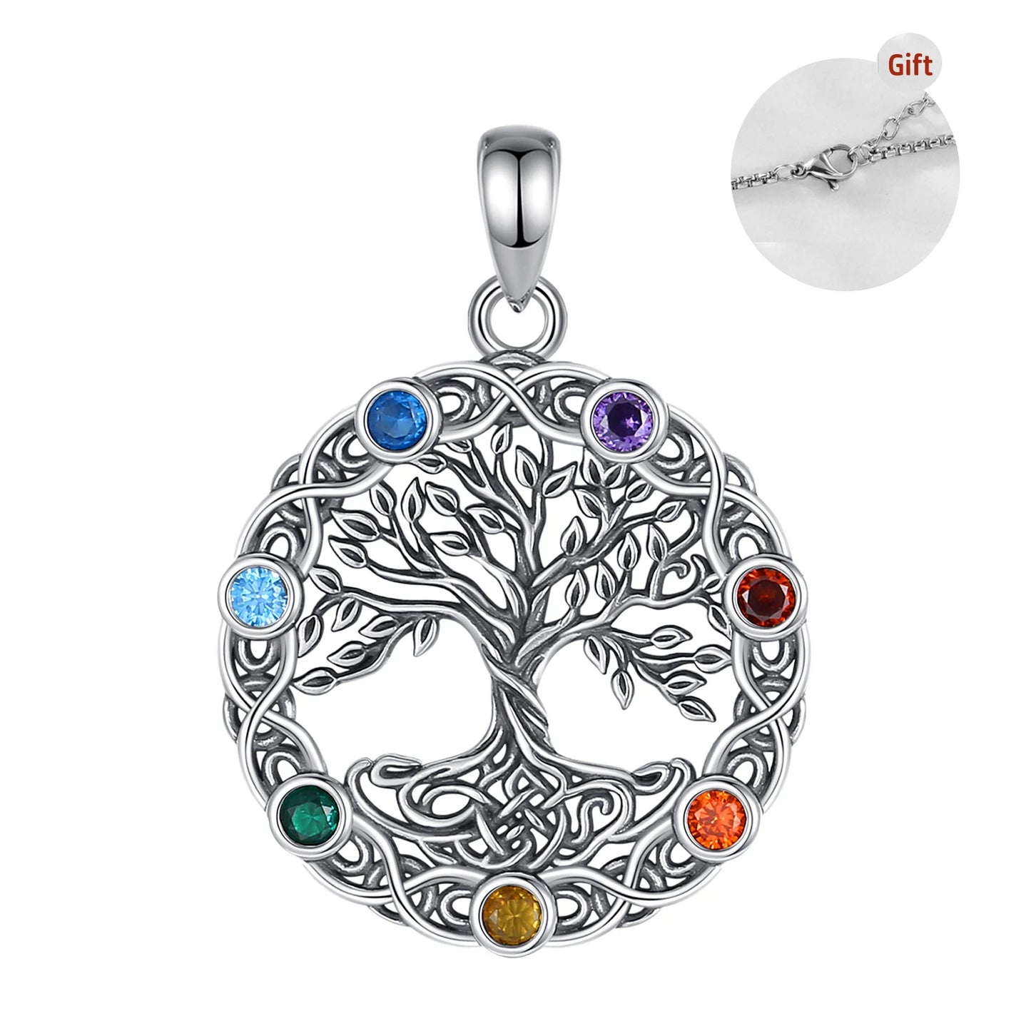 Eudora Original 925 Sterling Silver Tree of Life Necklace for Women Man 7 Color Chakra Pendant Tree Jewelry Mom Grandma Gifts