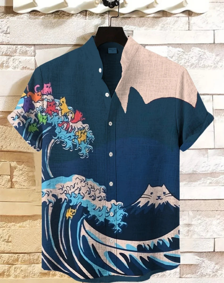 Hawaiian men's linen shirt abstract patchwork pattern art print shirt beach vacation daily travel men's clothing fast delivery