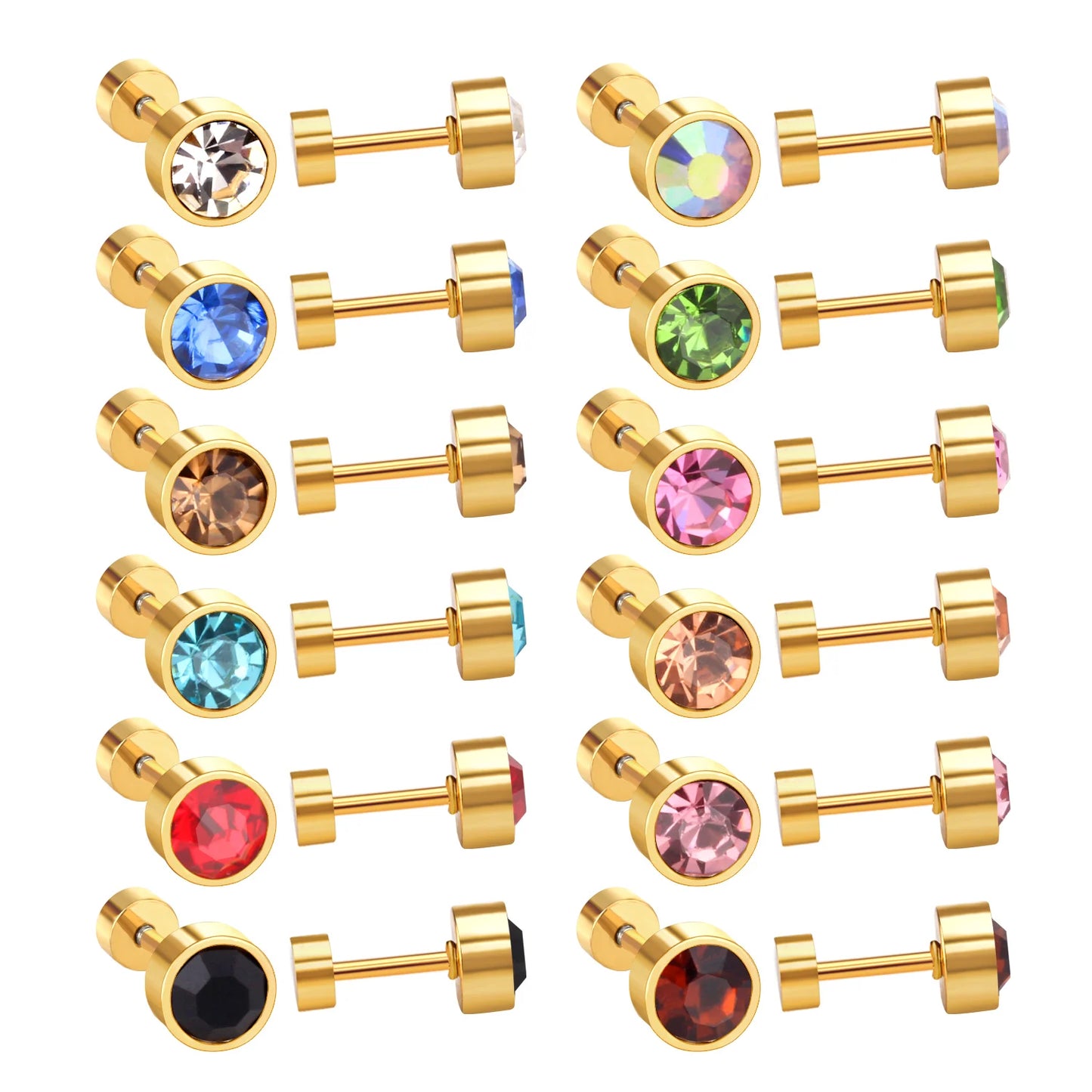LUXUKISSKIDS 12pairs/Lots 3-6MM Rround Shape Stainless Steel Earrings Cubic Zirconia Screw Pack Colorful Studs For Girls Jewelry