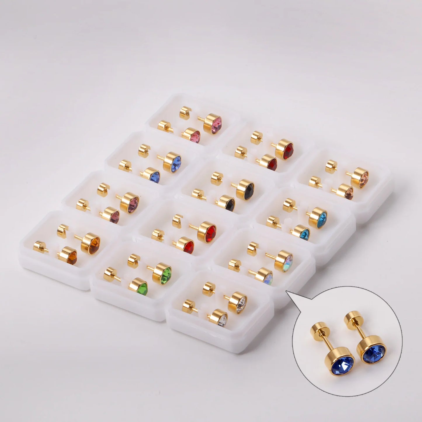 LUXUKISSKIDS 12pairs/Lots 3-6MM Rround Shape Stainless Steel Earrings Cubic Zirconia Screw Pack Colorful Studs For Girls Jewelry