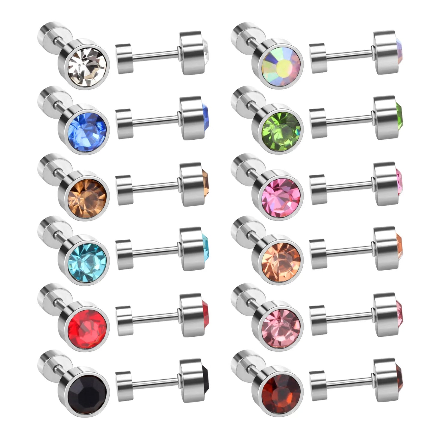 LUXUKISSKIDS 12pairs/Lots 3-6MM Rround Shape Stainless Steel Earrings Cubic Zirconia Screw Pack Colorful Studs For Girls Jewelry