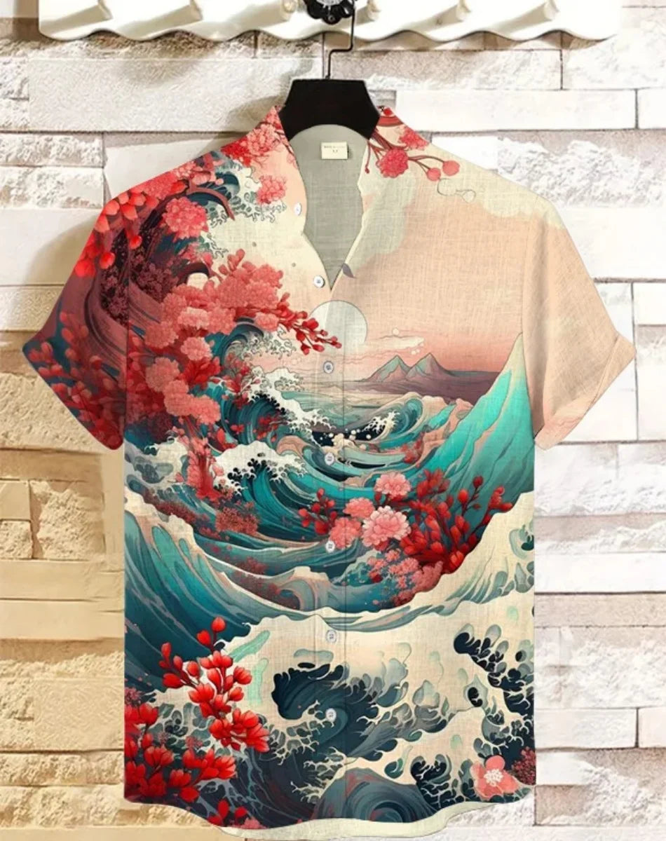 Hawaiian men's linen shirt abstract patchwork pattern art print shirt beach vacation daily travel men's clothing fast delivery