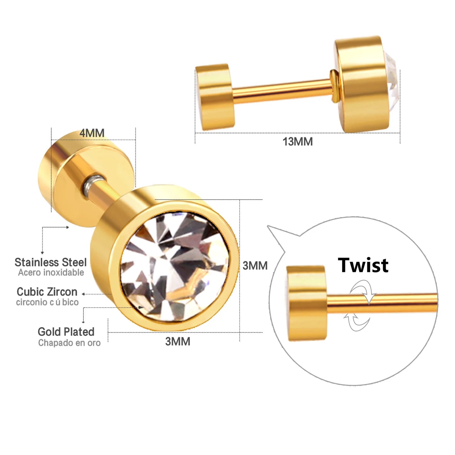 LUXUKISSKIDS 12pairs/Lots 3-6MM Rround Shape Stainless Steel Earrings Cubic Zirconia Screw Pack Colorful Studs For Girls Jewelry