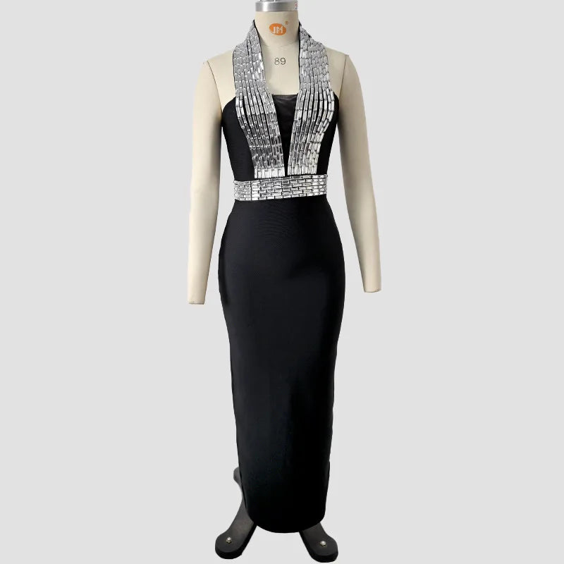 Women Celebrity Sexy Halter Diamonds Black Maxi Bodycon Bandage Dress Elegant Evening Club Party Outfit Luxury Birthday Dress