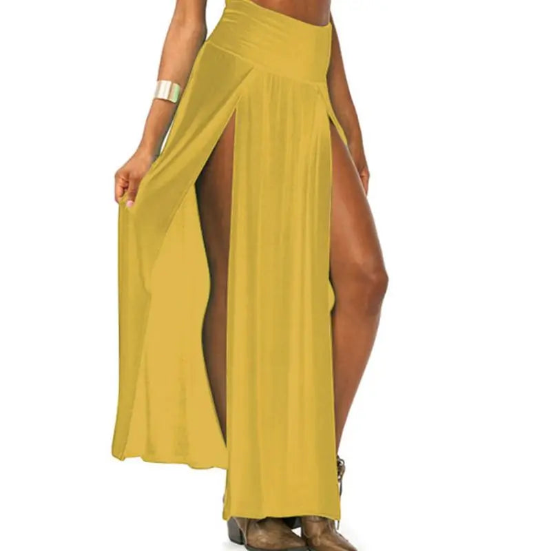Womens High Waist Sexy Double Slit Front Open Knit Maxi Long Skirt Solid Color Pleated Irregular Hem Beach Dress Bikini Cover Up