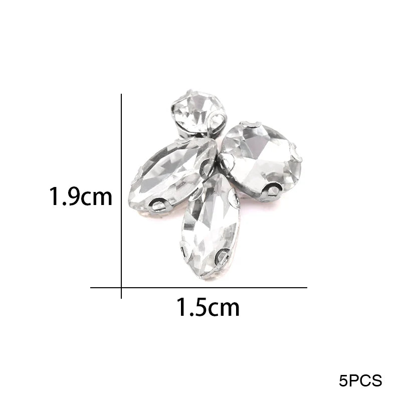 QIAO 5pcs Rhinestones Ornament Crystal Clear Iron on Diamond Rhinestones for Clothing Bags Hoodie Decorations Accessories