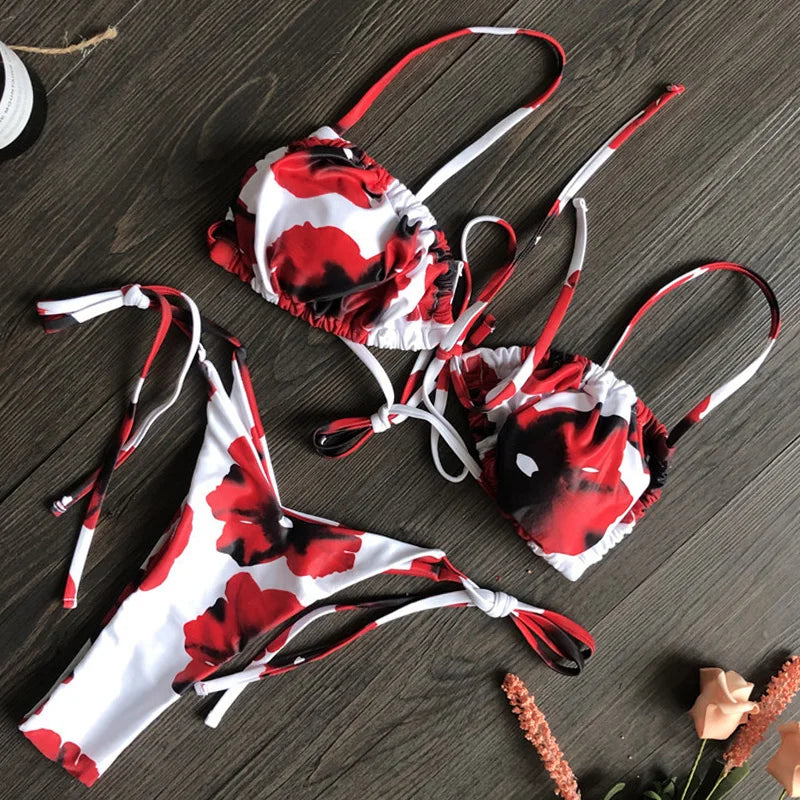 Sexy Printed Ruffled Frilled Thong Bikini Women Swimwear Female Swimsuit Two Pieces Bikini set Micro String Bathing Suit Swim