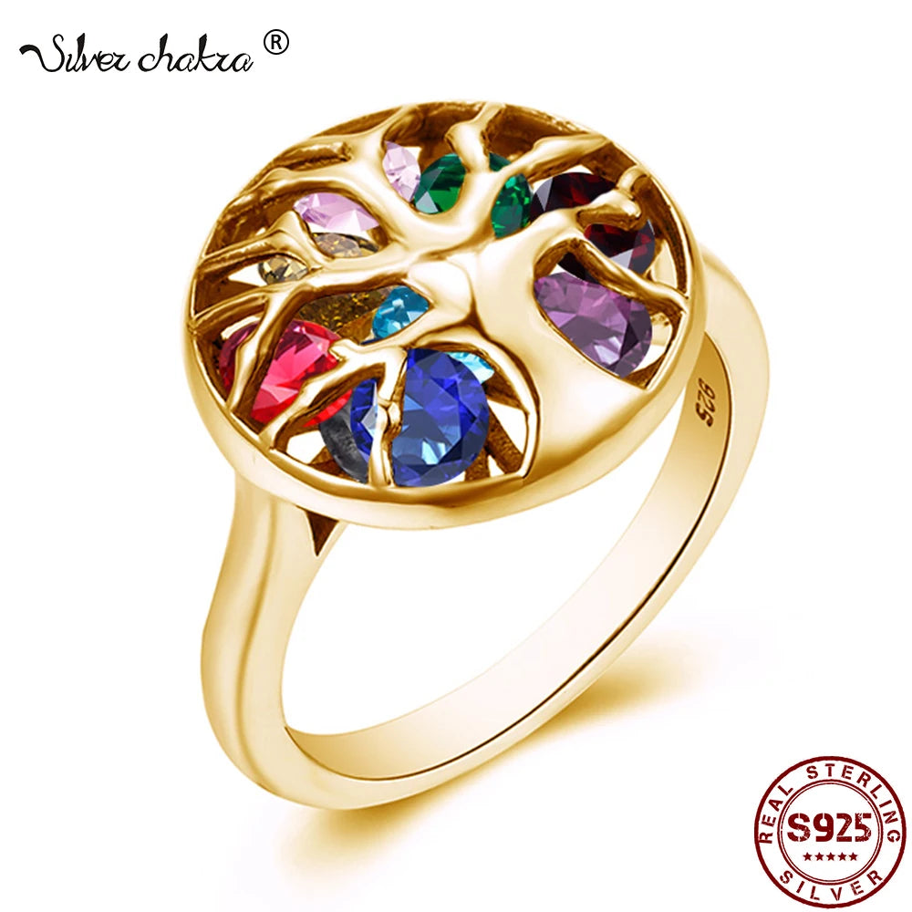 SILVERCHAKRA Unique 18K Gold Color Rings for Women Real 925 Sterling Silver Ring Family Tree of Life Gemstone Fine Jewelry 2022