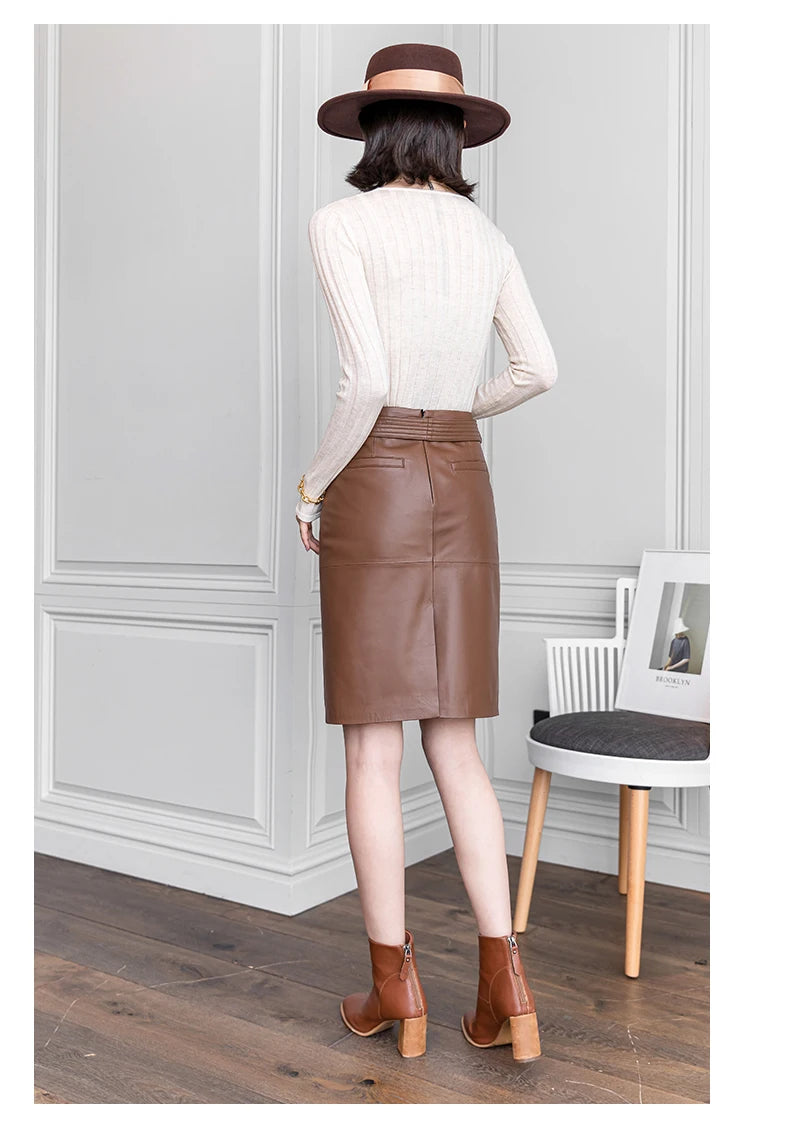 Women Lace-up Genuine Leather Skirt Female Winter Pure Sheep Skin Knee Length Saias With Belt Feminina Neat Stitches Wrap Jupe