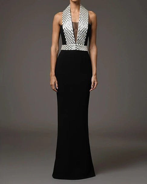 Women Celebrity Sexy Halter Diamonds Black Maxi Bodycon Bandage Dress Elegant Evening Club Party Outfit Luxury Birthday Dress