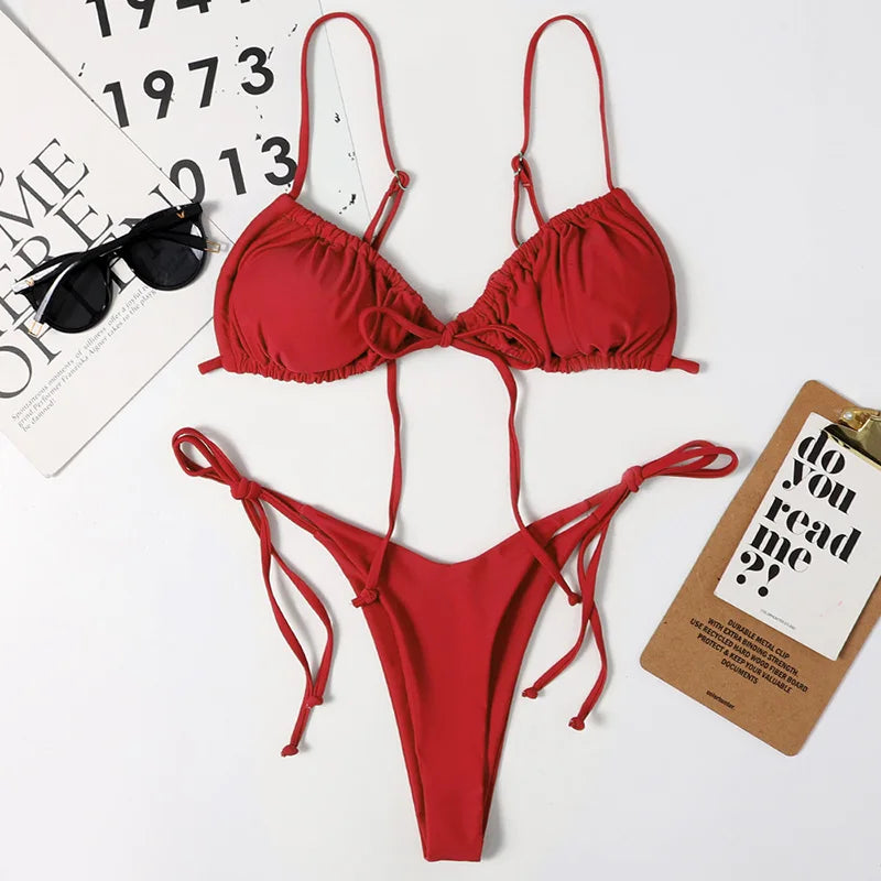 Sexy Printed Ruffled Frilled Thong Bikini Women Swimwear Female Swimsuit Two Pieces Bikini set Micro String Bathing Suit Swim