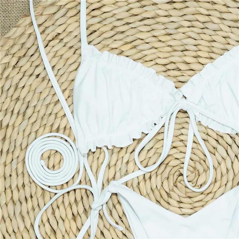Sexy Printed Ruffled Frilled Thong Bikini Women Swimwear Female Swimsuit Two Pieces Bikini set Micro String Bathing Suit Swim