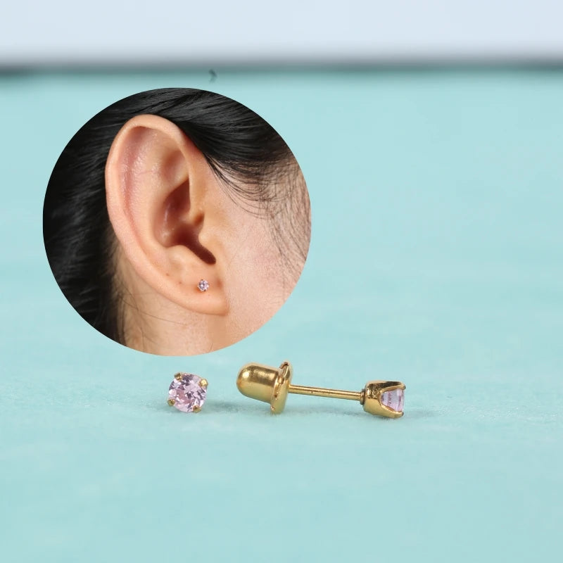 Eardots 24K Gold Plated 3mm Pink Zircon 316L Stainless Steel Stud Earrings Trendy Anti-Allergic Design Anniversary Occasions