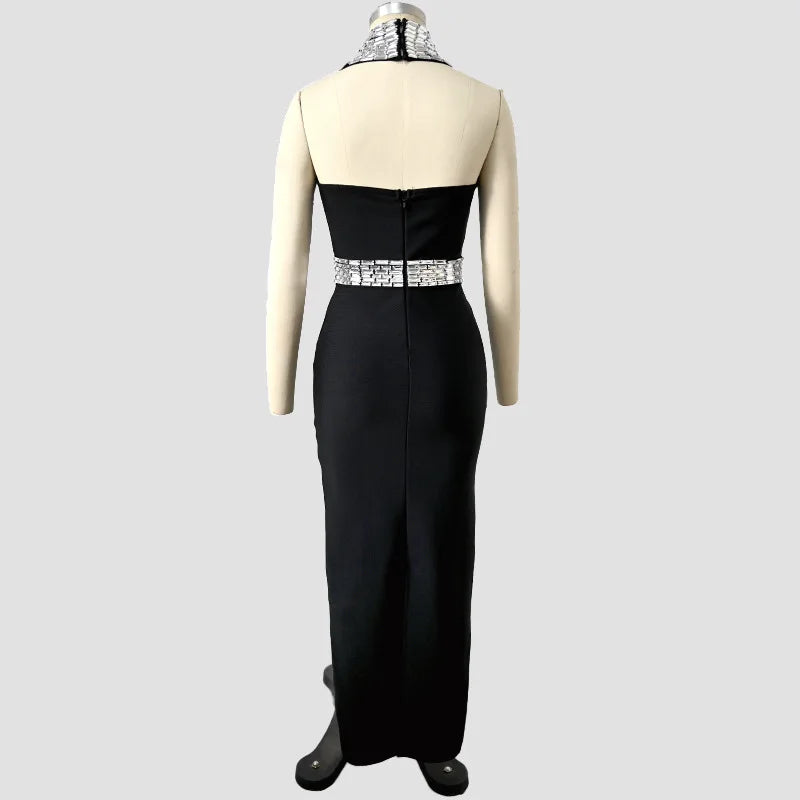 Women Celebrity Sexy Halter Diamonds Black Maxi Bodycon Bandage Dress Elegant Evening Club Party Outfit Luxury Birthday Dress