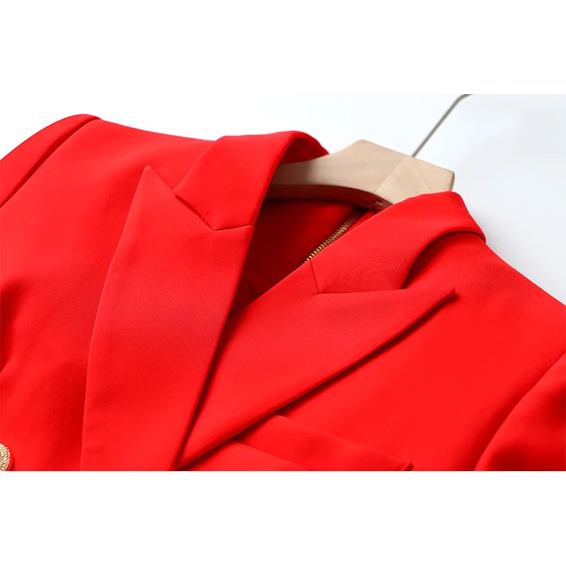 Quality Women Red Blazer Dress With Belt Double Breasted Buttons Chic for Party