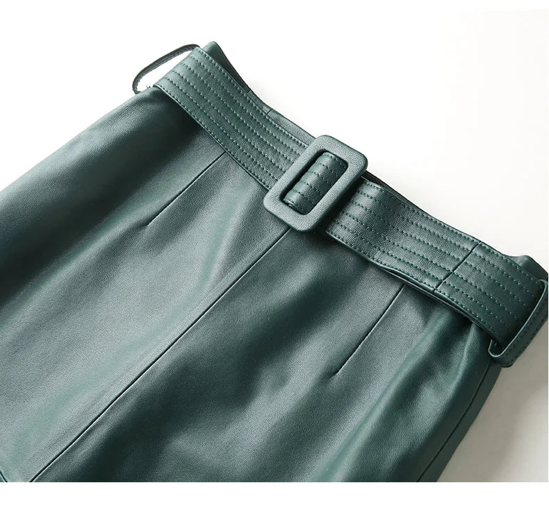 Women Lace-up Genuine Leather Skirt Female Winter Pure Sheep Skin Knee Length Saias With Belt Feminina Neat Stitches Wrap Jupe