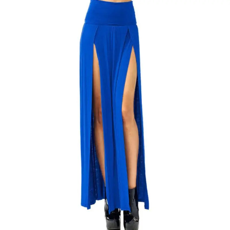 Womens High Waist Sexy Double Slit Front Open Knit Maxi Long Skirt Solid Color Pleated Irregular Hem Beach Dress Bikini Cover Up