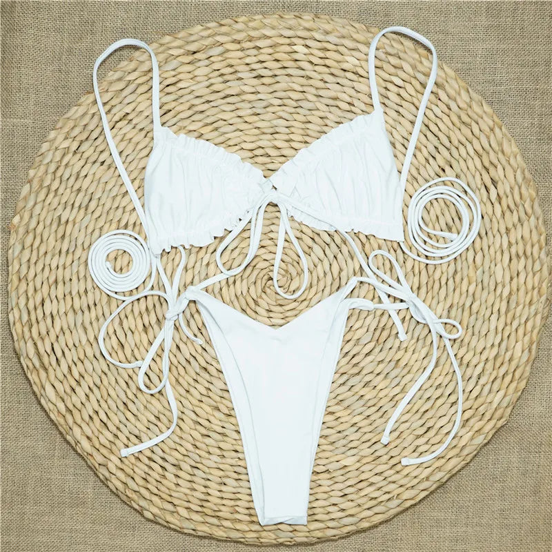 Sexy Printed Ruffled Frilled Thong Bikini Women Swimwear Female Swimsuit Two Pieces Bikini set Micro String Bathing Suit Swim