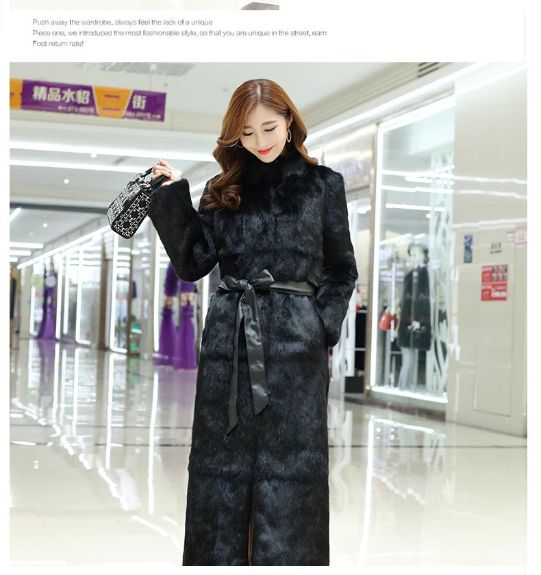 New Real genuine natural rabbit fur coat women's stand collar X-long fashion fur jacket outwear custom any size