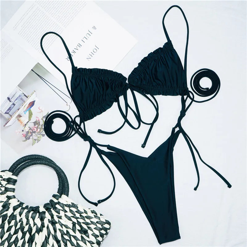 Sexy Printed Ruffled Frilled Thong Bikini Women Swimwear Female Swimsuit Two Pieces Bikini set Micro String Bathing Suit Swim