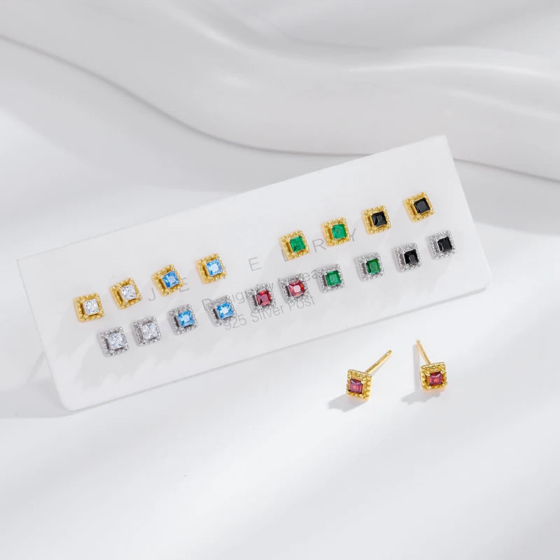 Factory Price 925 Sterling Silver Earrings Set Square CZ Geometric Prong Claw Stud for Women Wholesale Fine Jewelry Bulk