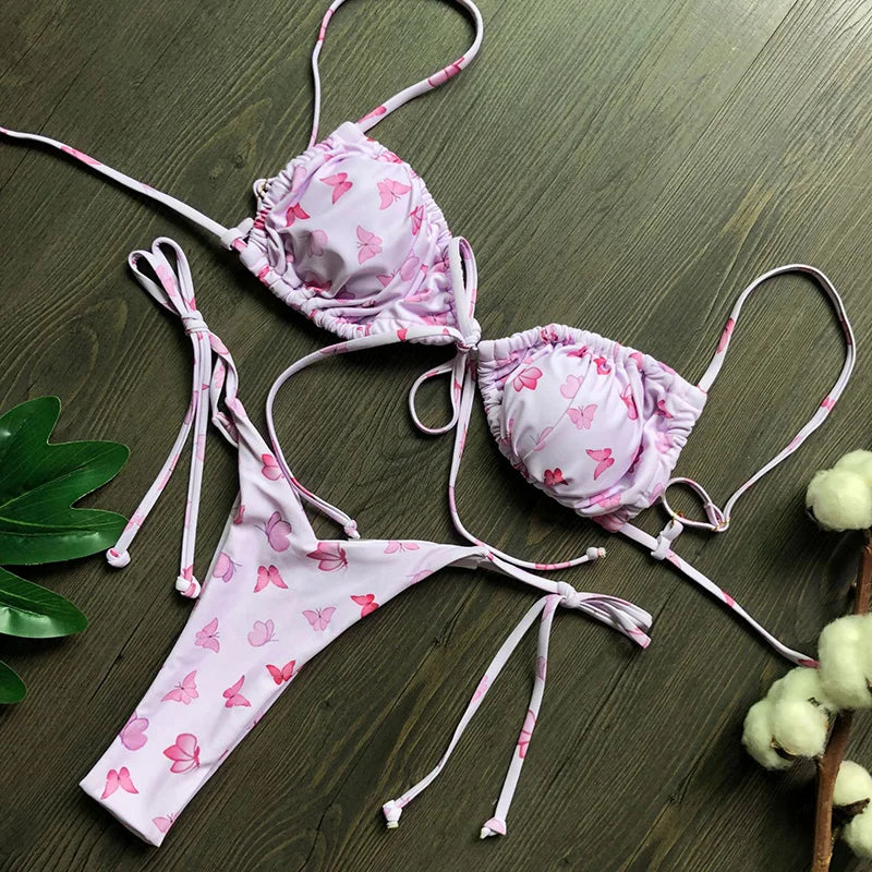 Sexy Printed Ruffled Frilled Thong Bikini Women Swimwear Female Swimsuit Two Pieces Bikini set Micro String Bathing Suit Swim