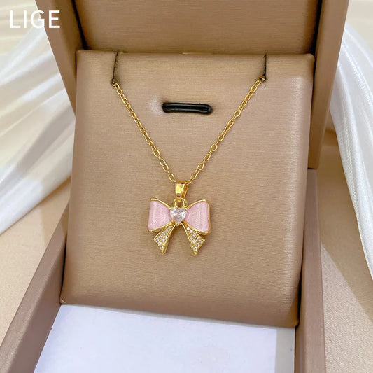 Drip Oil Bow Light Luxury Temperament Gorgeous Full Diamond Necklace Women's Versatile Collarbone Chain Titanium Steel Chain