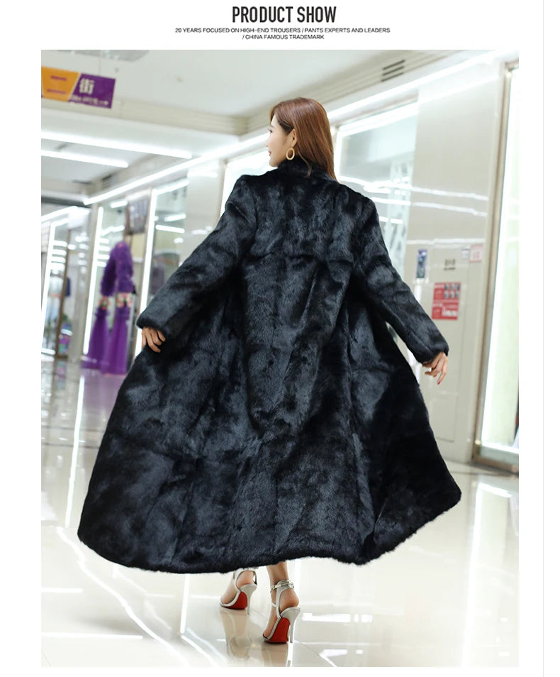 New Real genuine natural rabbit fur coat women's stand collar X-long fashion fur jacket outwear custom any size