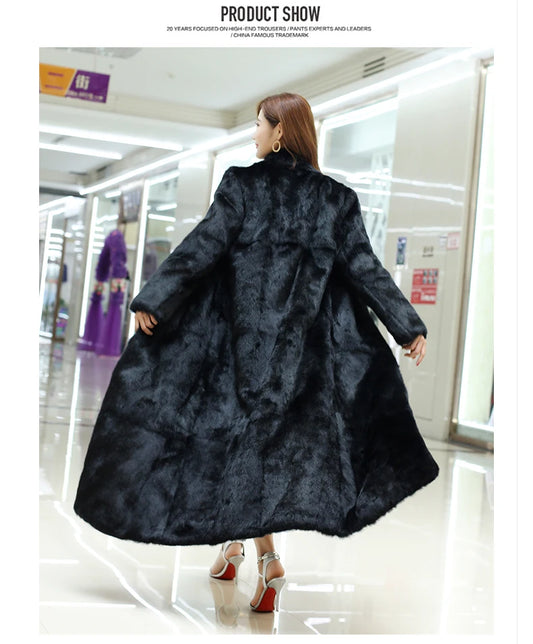New Real genuine natural rabbit fur coat women's stand collar X-long fashion fur jacket outwear custom any size