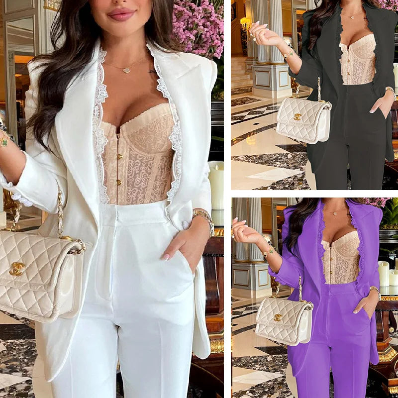 European and American Fashion Versatile Pure Lace Suit Two Pieces of Slim Fashion Women Blazer Pant Set