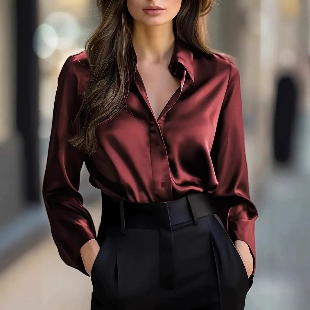 Korean Office Lady Trend Casual Shirt Elegant Blouses for Women Satin Multicolor Basic Slim Shirt Solid All-Match Top French New