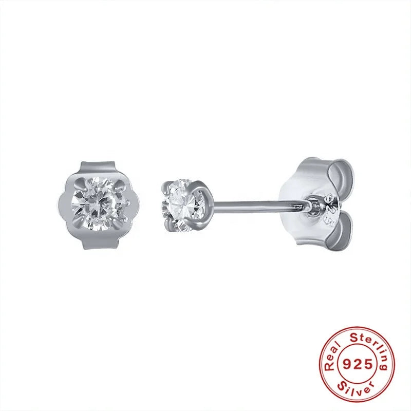 925 Sterling Silver Mini-4 Claws Diamond Stud Earrings Delicate Silver Jewelry