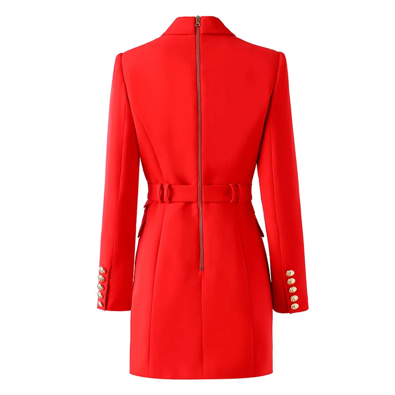 Quality Women Red Blazer Dress With Belt Double Breasted Buttons Chic for Party