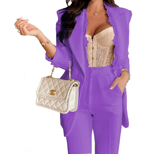 European and American Fashion Versatile Pure Lace Suit Two Pieces of Slim Fashion Women Blazer Pant Set