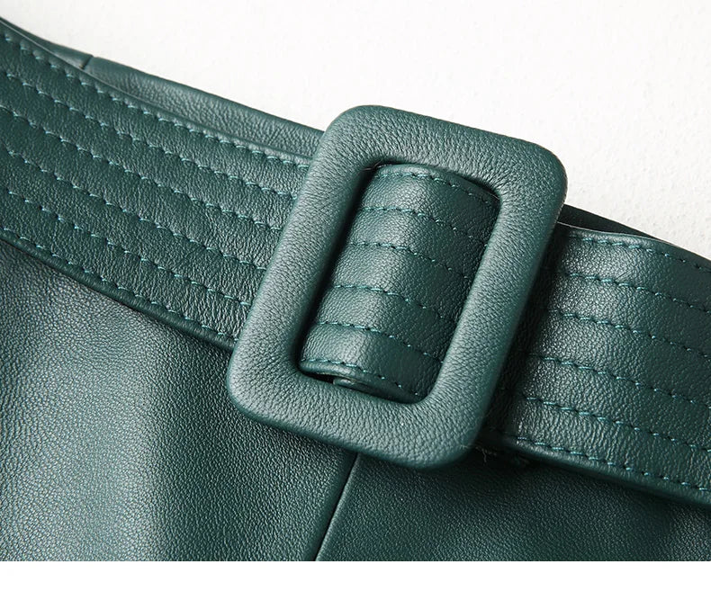 Women Lace-up Genuine Leather Skirt Female Winter Pure Sheep Skin Knee Length Saias With Belt Feminina Neat Stitches Wrap Jupe