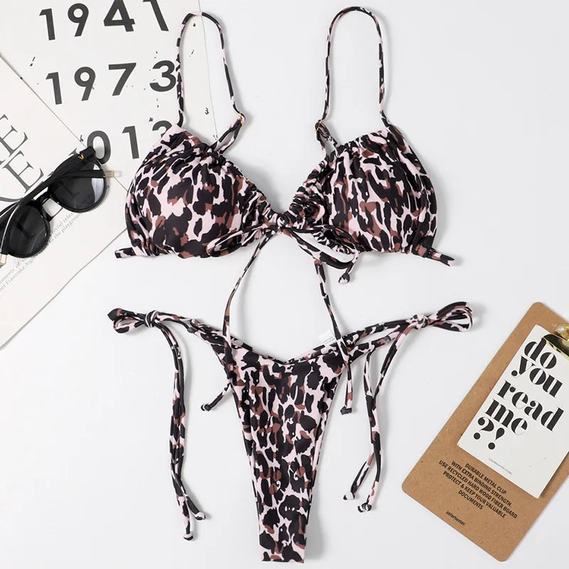 Sexy Printed Ruffled Frilled Thong Bikini Women Swimwear Female Swimsuit Two Pieces Bikini set Micro String Bathing Suit Swim