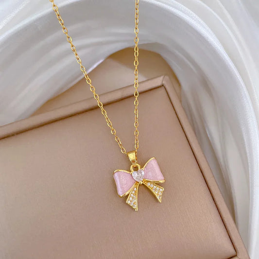 Drip Oil Bow Light Luxury Temperament Gorgeous Full Diamond Necklace Women's Versatile Collarbone Chain Titanium Steel Chain