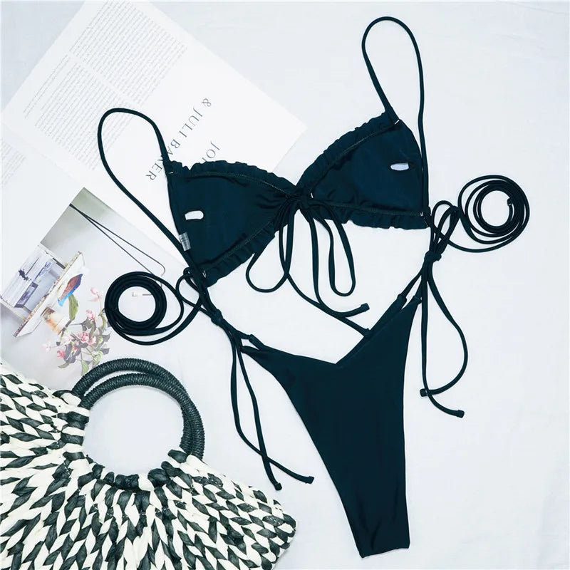 Sexy Printed Ruffled Frilled Thong Bikini Women Swimwear Female Swimsuit Two Pieces Bikini set Micro String Bathing Suit Swim