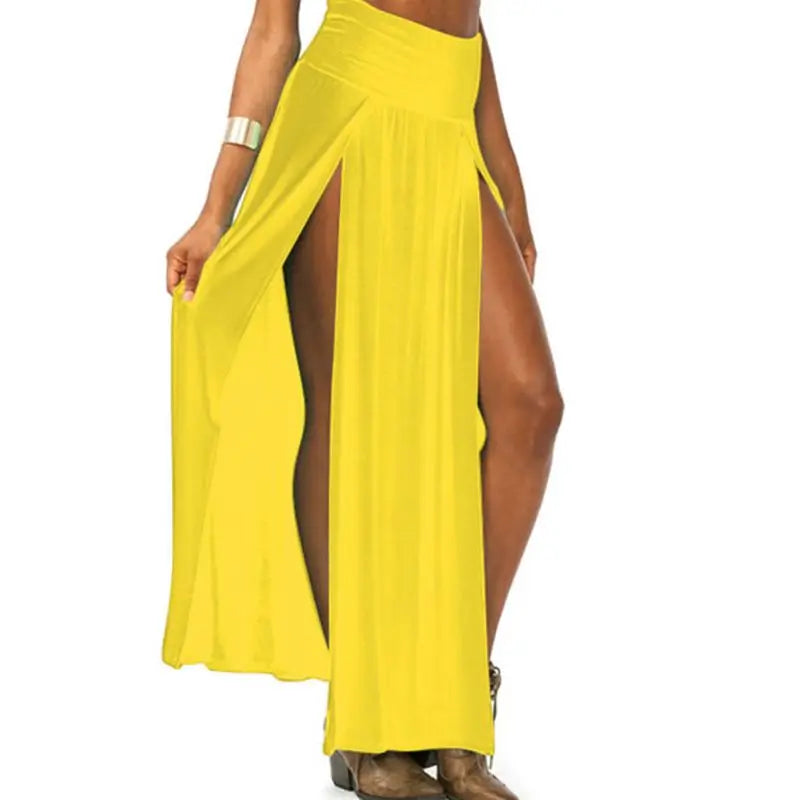 Womens High Waist Sexy Double Slit Front Open Knit Maxi Long Skirt Solid Color Pleated Irregular Hem Beach Dress Bikini Cover Up